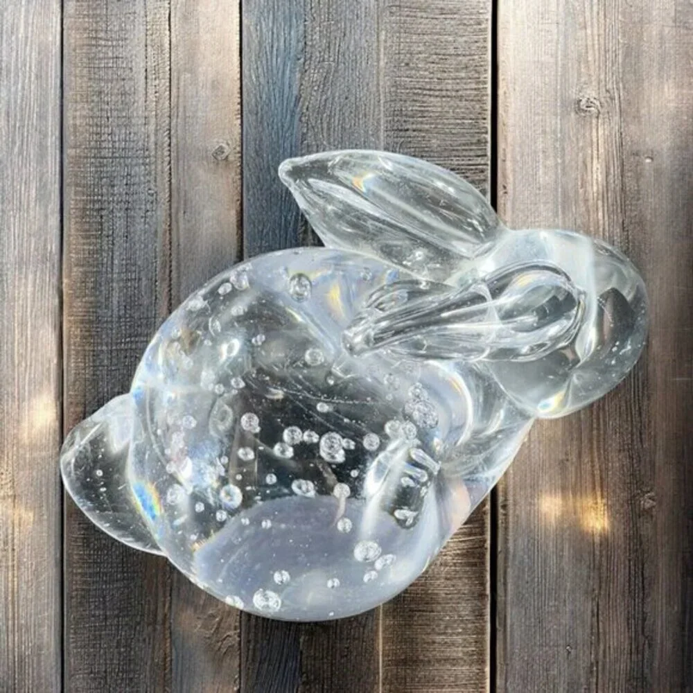 Vintage 1980s Clear Glass Bunny Figurine Paperweight‎ With Small Bubbles Figure